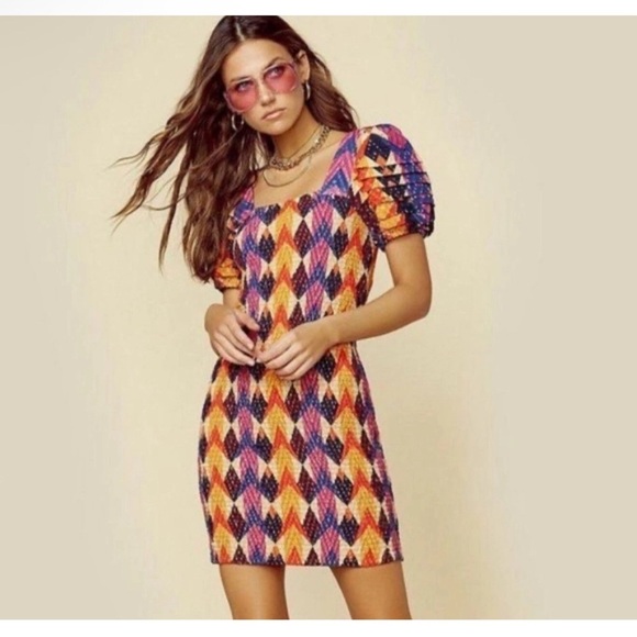 Farm Rio Dress Lindeza Grafica Mini Dress Puff Sleeve Smocked Colorful XS